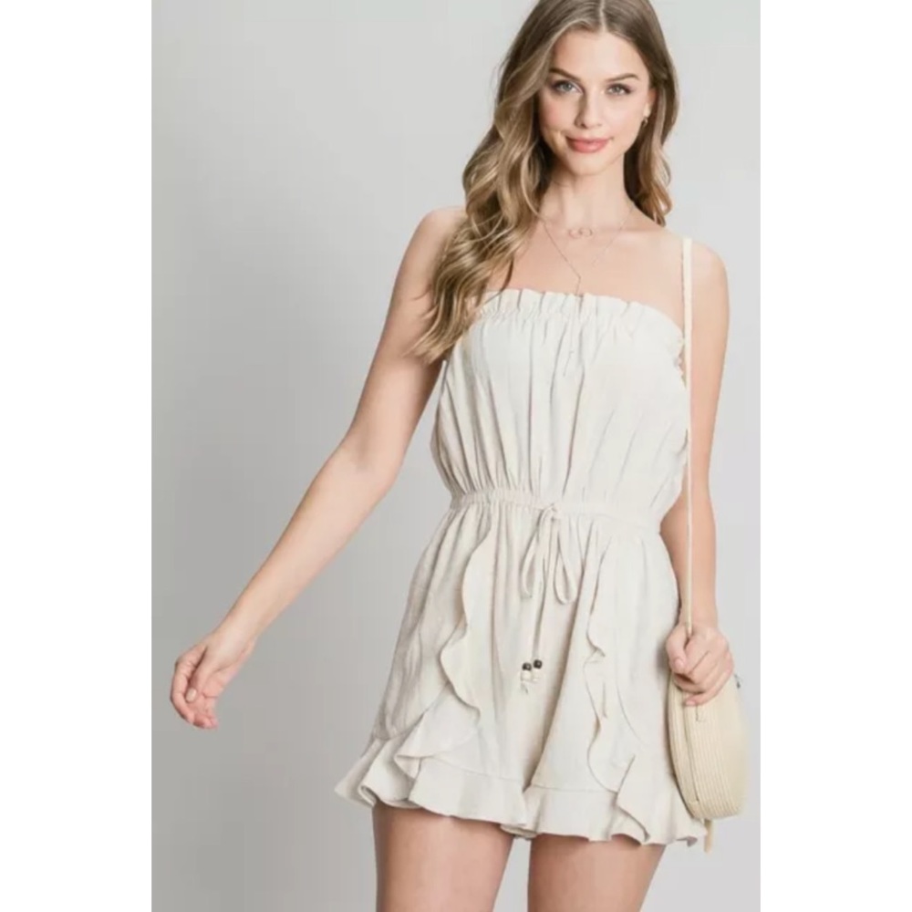 Natural Linen Strapless Tube Ruffle Romper - Picture 1 of 6